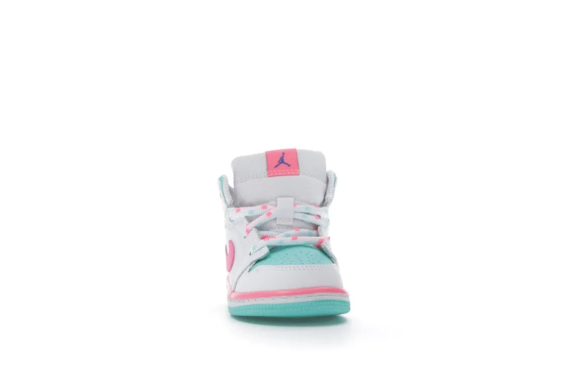 Детские кроссовки с кожаным верхом Jordan 1 Mid Jordan, White/Digital Pink-Aurora Green-Soar — фото 2