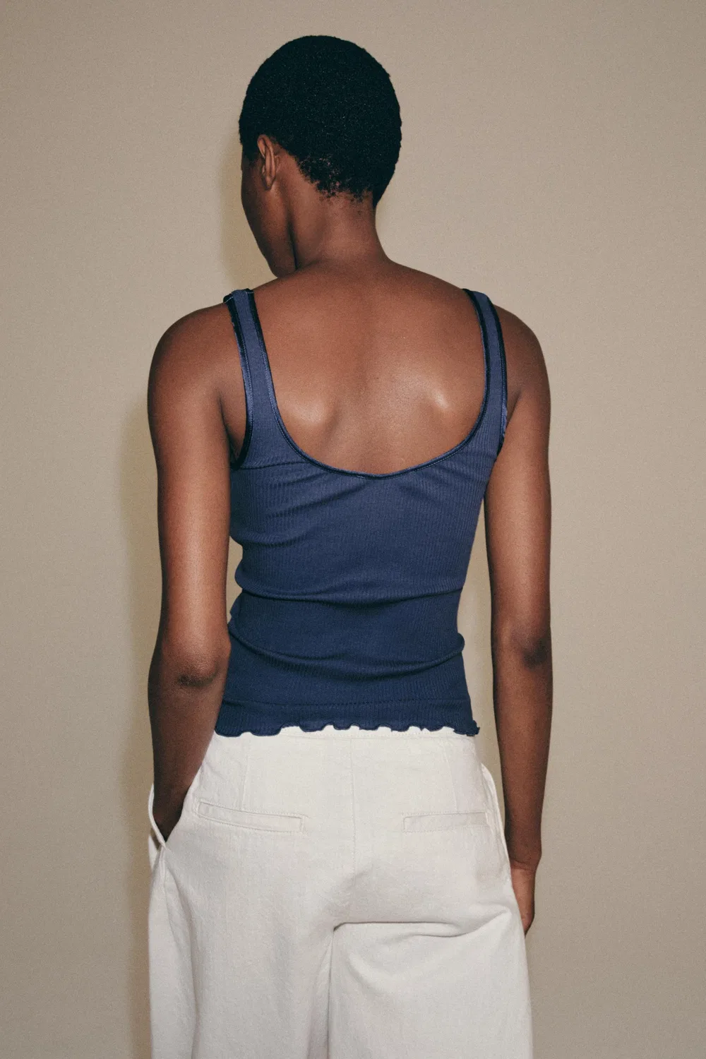 Хлопковая ребристая футболка без рукавов ZARA, Blue — фото 3