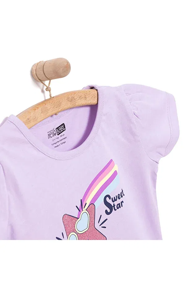 Детская футболка для девочек с принтом Hellobaby basic girl shooting star printed t-shirt Ebebek Hello Baby, Lilac — фото 3
