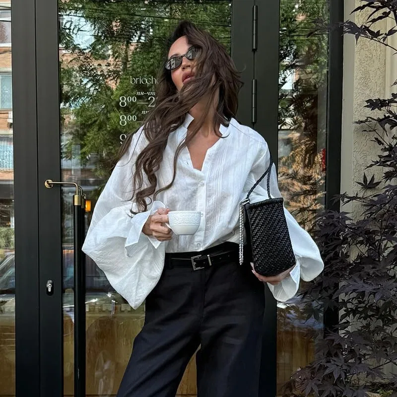Женская блузка с воротником-стойкой и фонариками, Long Shirt, белый — фото 4