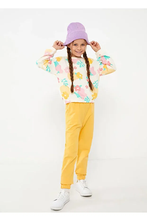 Детский спортивный костюм для девочек с принтом Floral patterned girl's cotton tracksuit set Vitmo, Sarı — фото 3