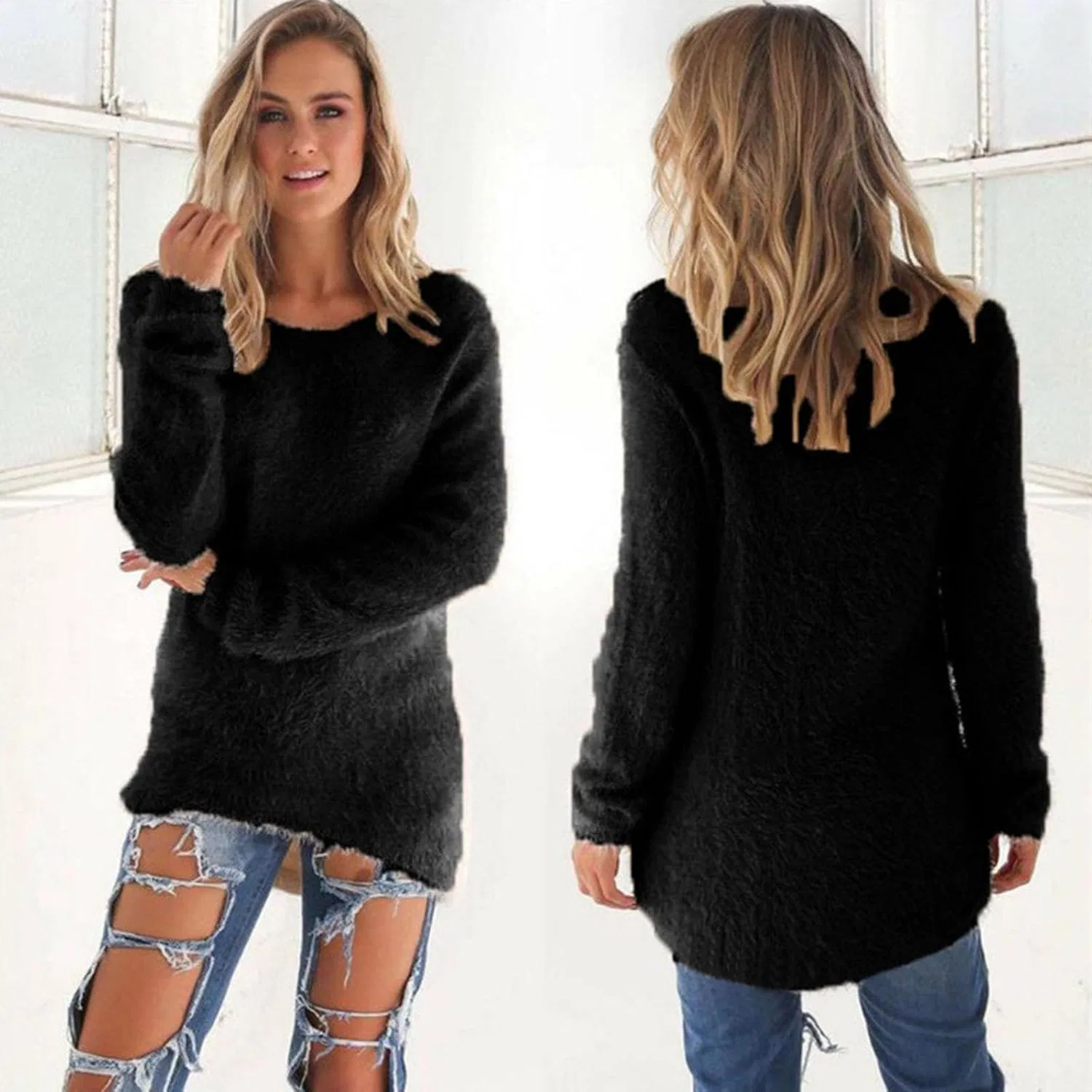 Женский пуловер из футера с длинным рукавом, модель Fuzzy Sweater Pullover, чёрный — фото 2