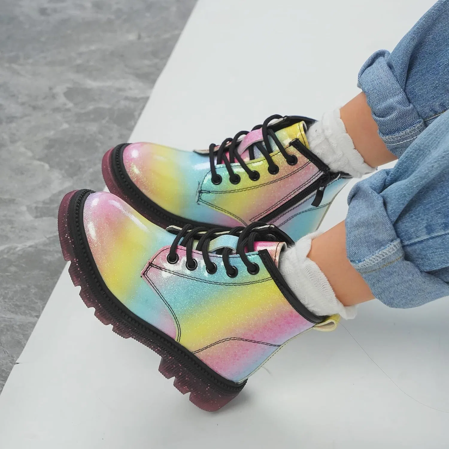 Детские ботинки для девочек на шнуровке с блестками JABASIC, Rainbow — фото 2