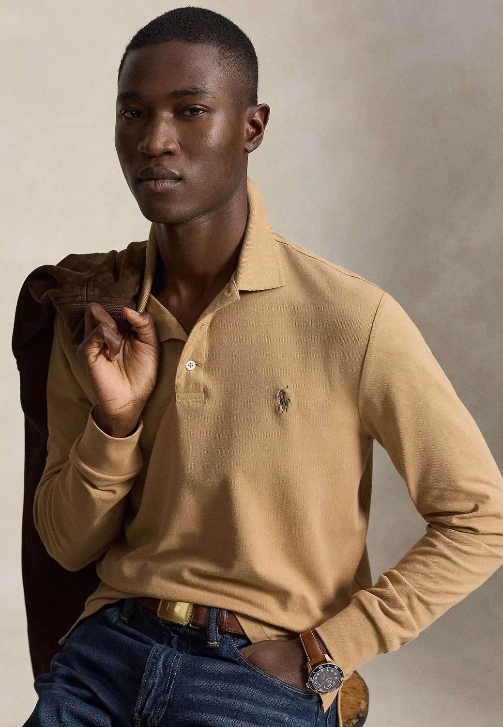 Поло-Рубашка приталенного кроя из эластичной сетки с длинными рукавами Polo Ralph Lauren, Classic Camel — фото 4