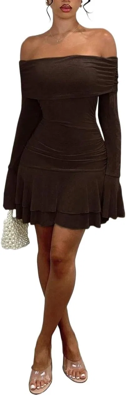 Женское мини-платье с рюшами Bodycon, Coffee Brown