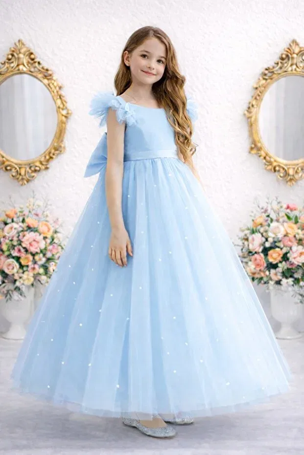 Детское платье для девочек с воланами Ruffle sleeves baby blue long pearl girls princess dress graduation birthday dress Suneh, Baby Blue