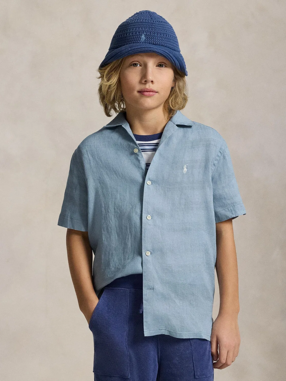 Рубашка с коротким рукавом и кубинским воротником, из льна Polo Ralph Lauren, синяя
