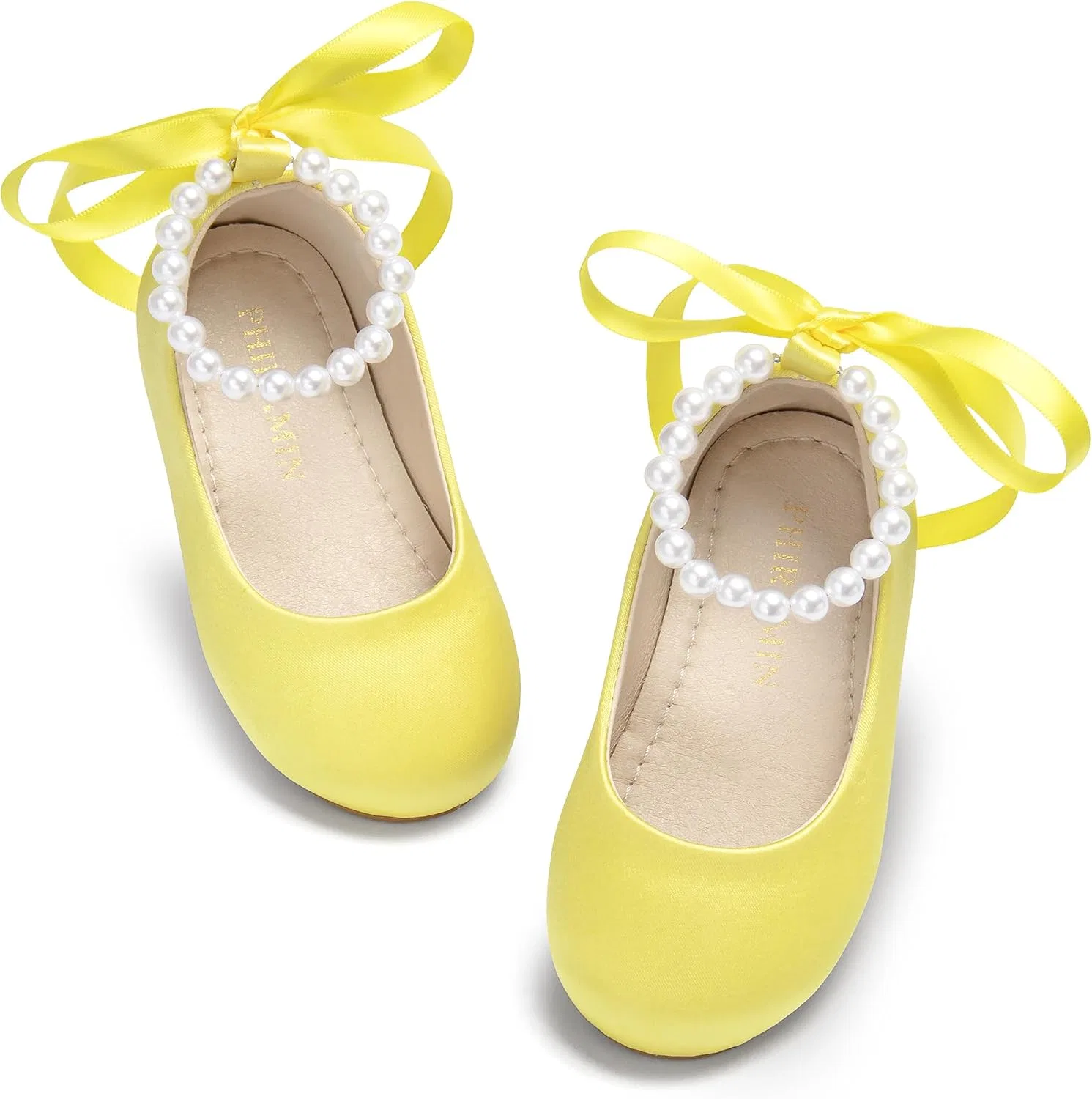 Детские туфли-балетки для девочек с жемчужным ремешком PHIRAMIN, Yellow Pearl Strap