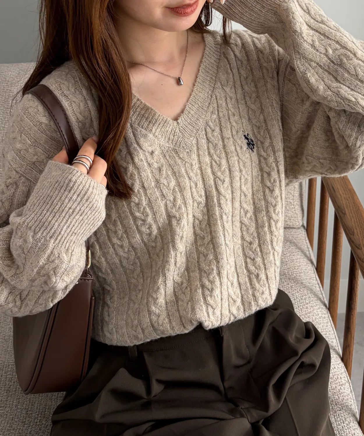Женский пуловер с V-образным вырезом и принтом U.S. POLO ASSN., Beige