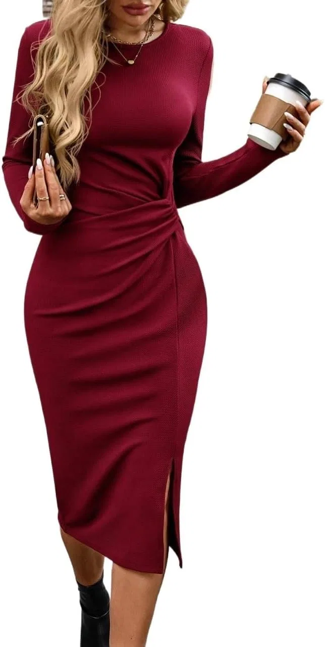 Женское облегающее платье миди с защипами Ruched Long Sleeve, Burgundy — фото 2