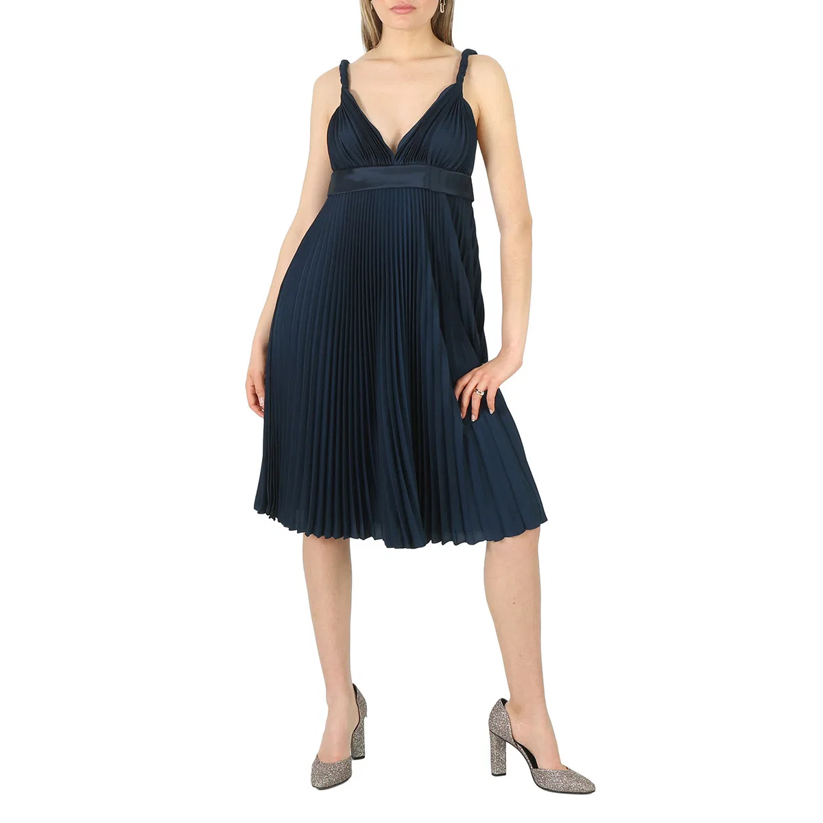 Платье-трапеция с плиссе Burberry Ladies Ink Blue Empire-Line Pleated Dress, Ink Blue