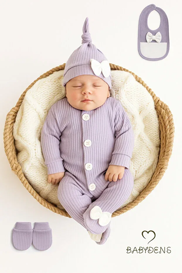 Детский комплект боди-комбинезонов для девочек с длинным рукавом 4-Piece baby girl ribbed newborn baby romper set Babyden'S, Lilac