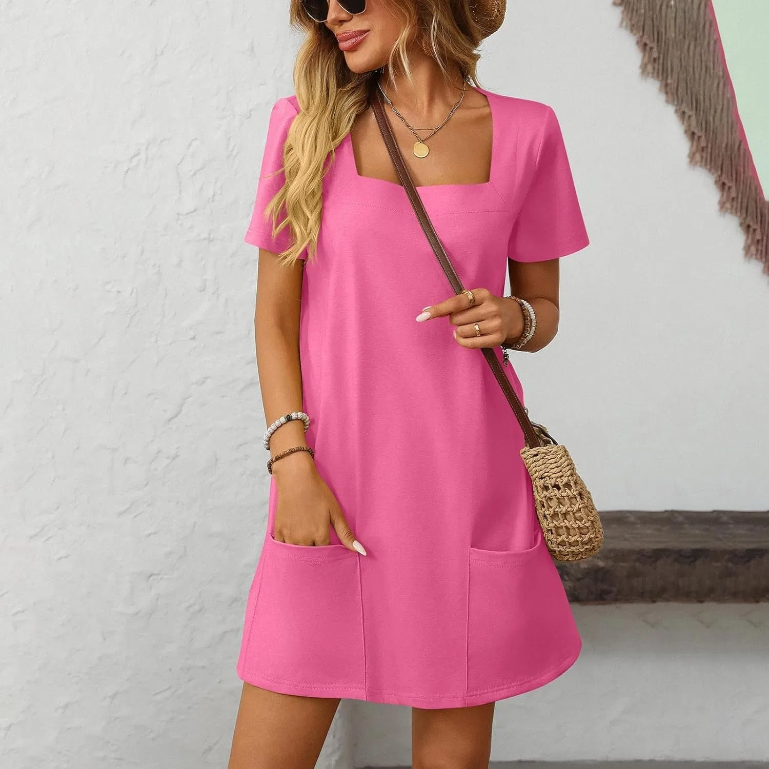 Женское мини-платье с квадратным вырезом, карманами, Hot Pink — фото 3