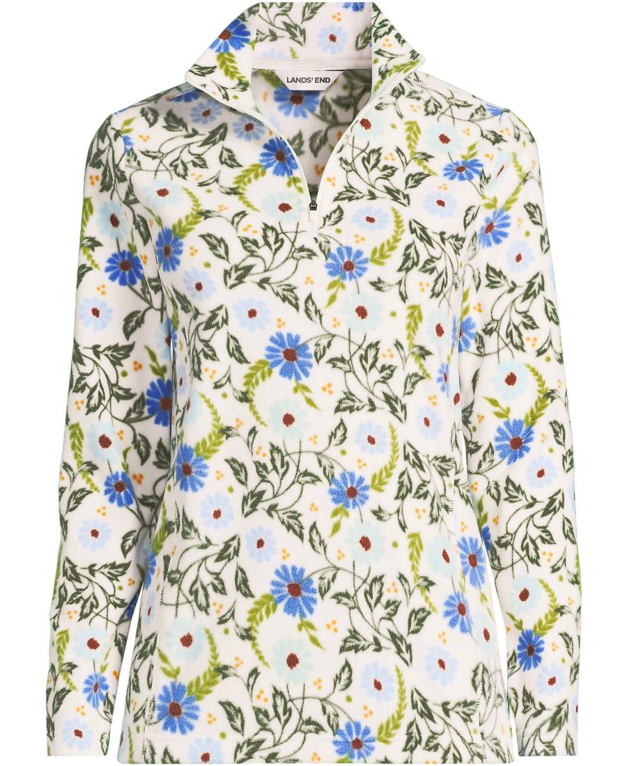 

Женская флисовая толстовка на молнии на четверть длины для любой погоды Lands' End, Blue allover floral