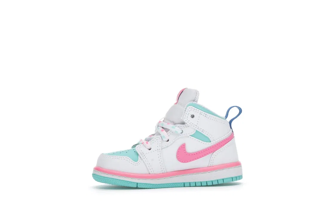 Детские кроссовки с кожаным верхом Jordan 1 Mid Jordan, White/Digital Pink-Aurora Green-Soar — фото 3