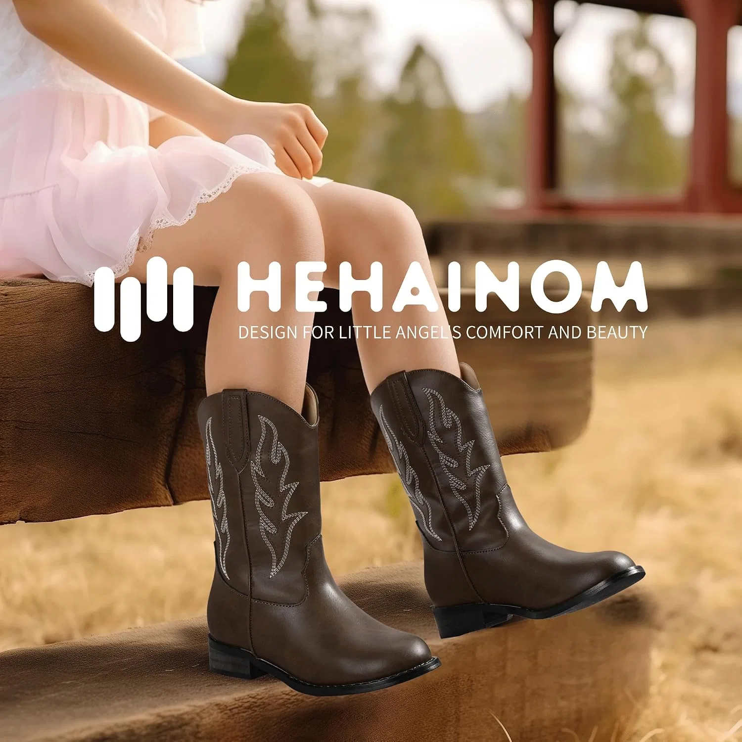 Детские сапоги для девочек с вышивкой Cowgirl Boots Hehainom, Brownpu — фото 2