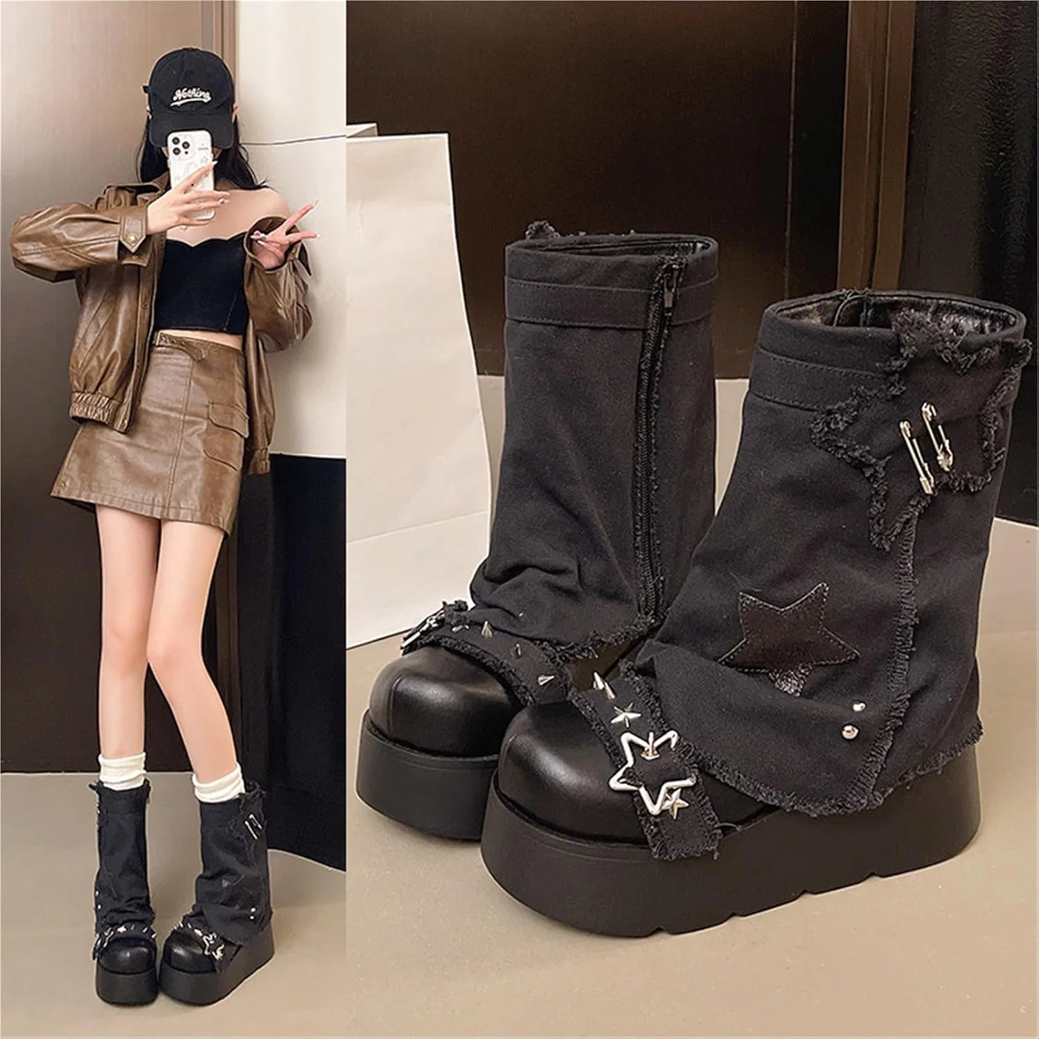 Детские ботинки для девочек на толстой подошве с принтом Y2k Spicy Girl Gothic Punk Retro Lolita Star Cowboy Pile, Black — фото 2