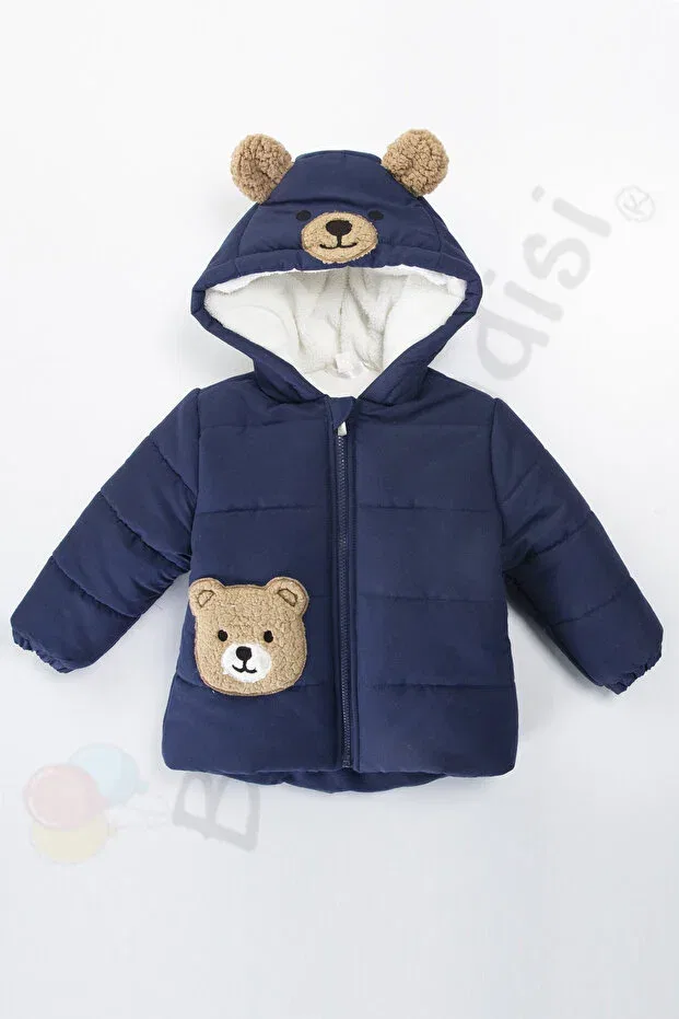 Детское зимнее пальто для девочек стеганое Teddy Bear Plush Fur Inside Zippered Quilted Hooded Snow Inflatable Winter Baby Boy Coat Ofislot, Navy Blue