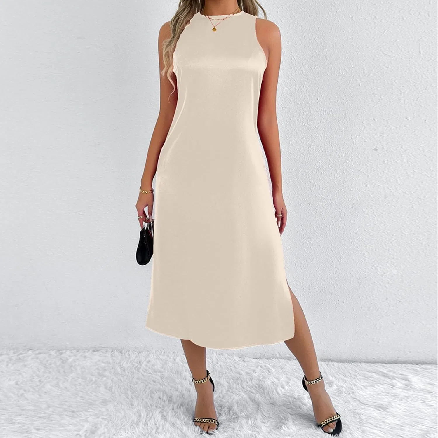 Женское коктейльное платье с разрезом Bodycon Satin, Beige — фото 2
