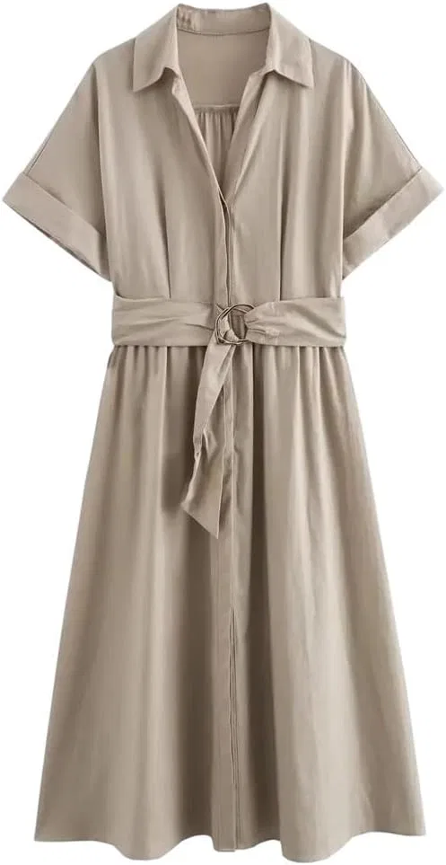 Женское платье-рубашка с поясом Linen Short Sleeve Lapel Belt Pleated Shirt Dress