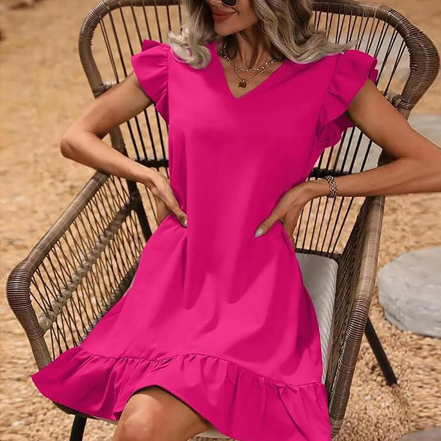 Женское повседневное платье миди с V-образным вырезом и воланами, Hot Pink — фото 3