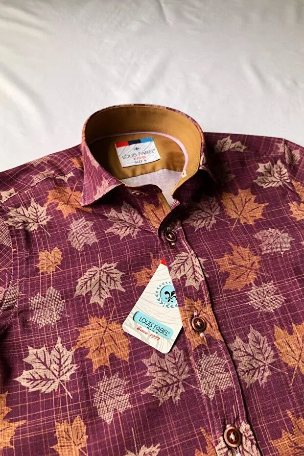 Детская рубашка для мальчиков с принтом Plum Big Leaf Detailed Short Sleeve Louis Kids, Murdum — фото 4