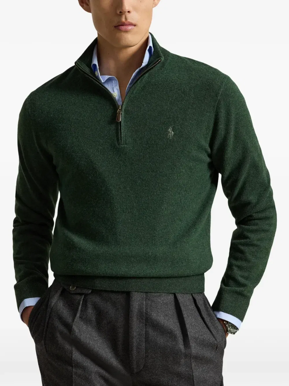 Свитер с воротником на молнии и вышивкой Polo Ralph Lauren, зеленый — фото 3