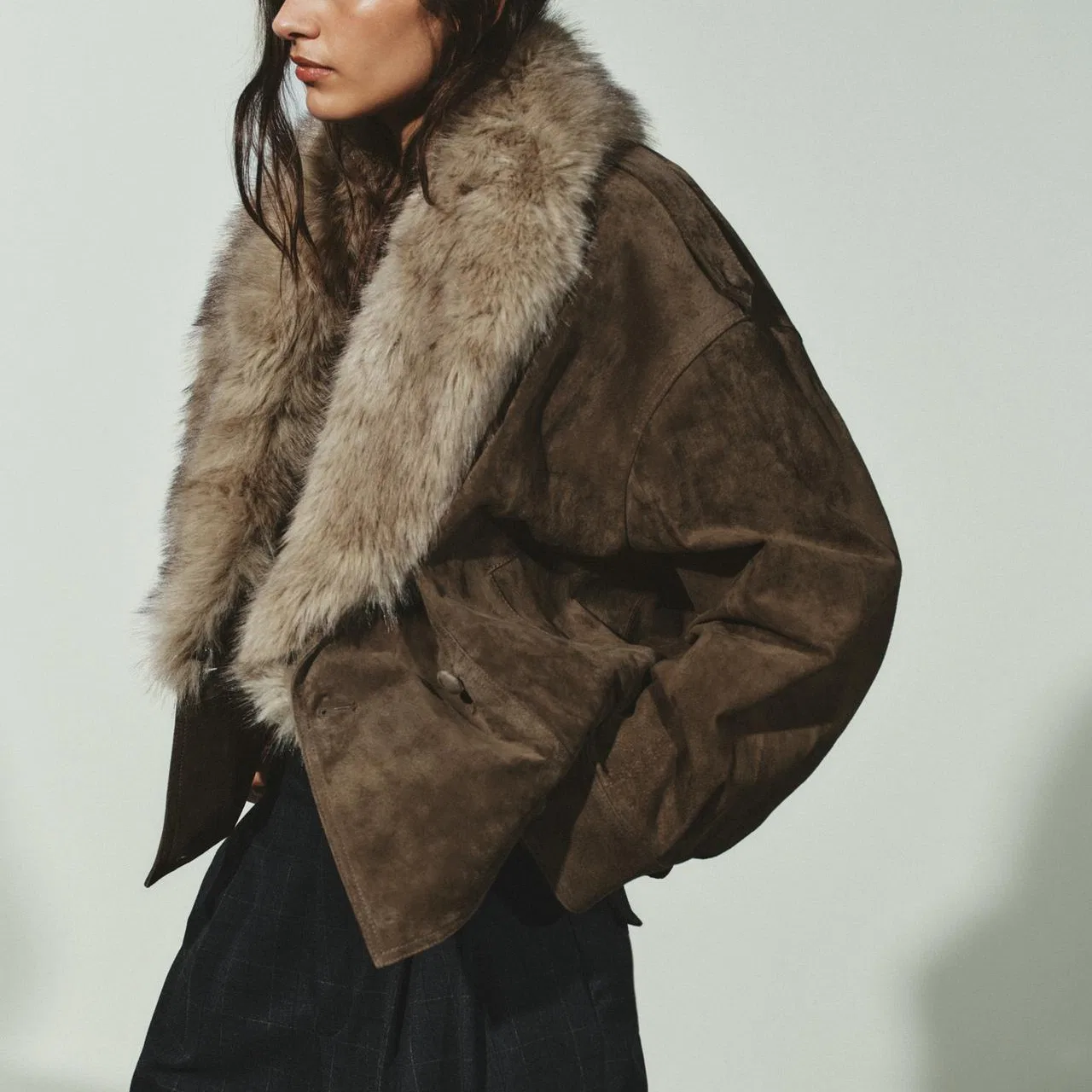 Женская кожаная куртка с лацканами Khaki Lapel ZARA, Хаки — фото 4