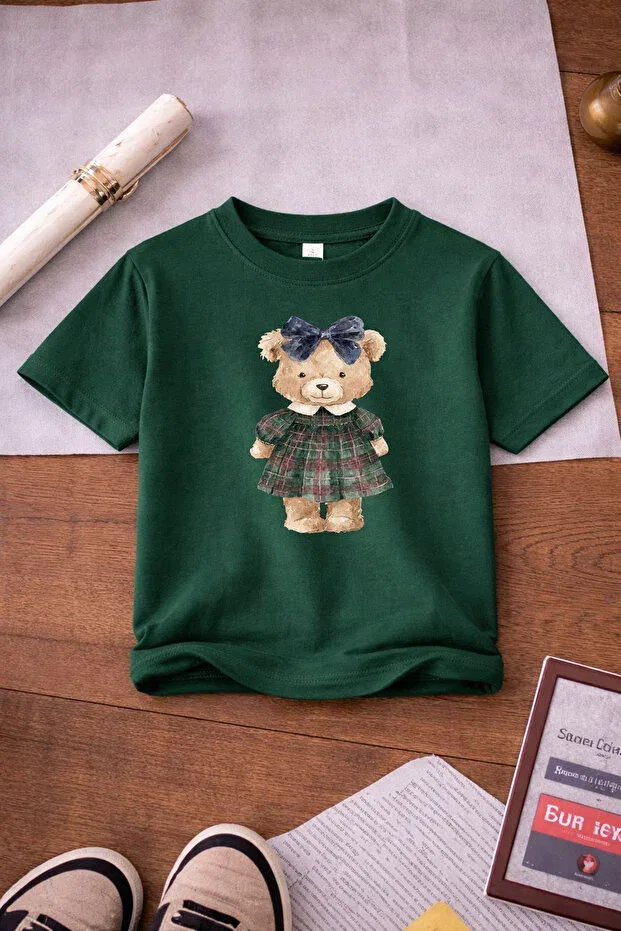 Детский комплект футболок для девочек с принтом Giraffe and teddy bear printed Twins Tailors, Green — фото 2