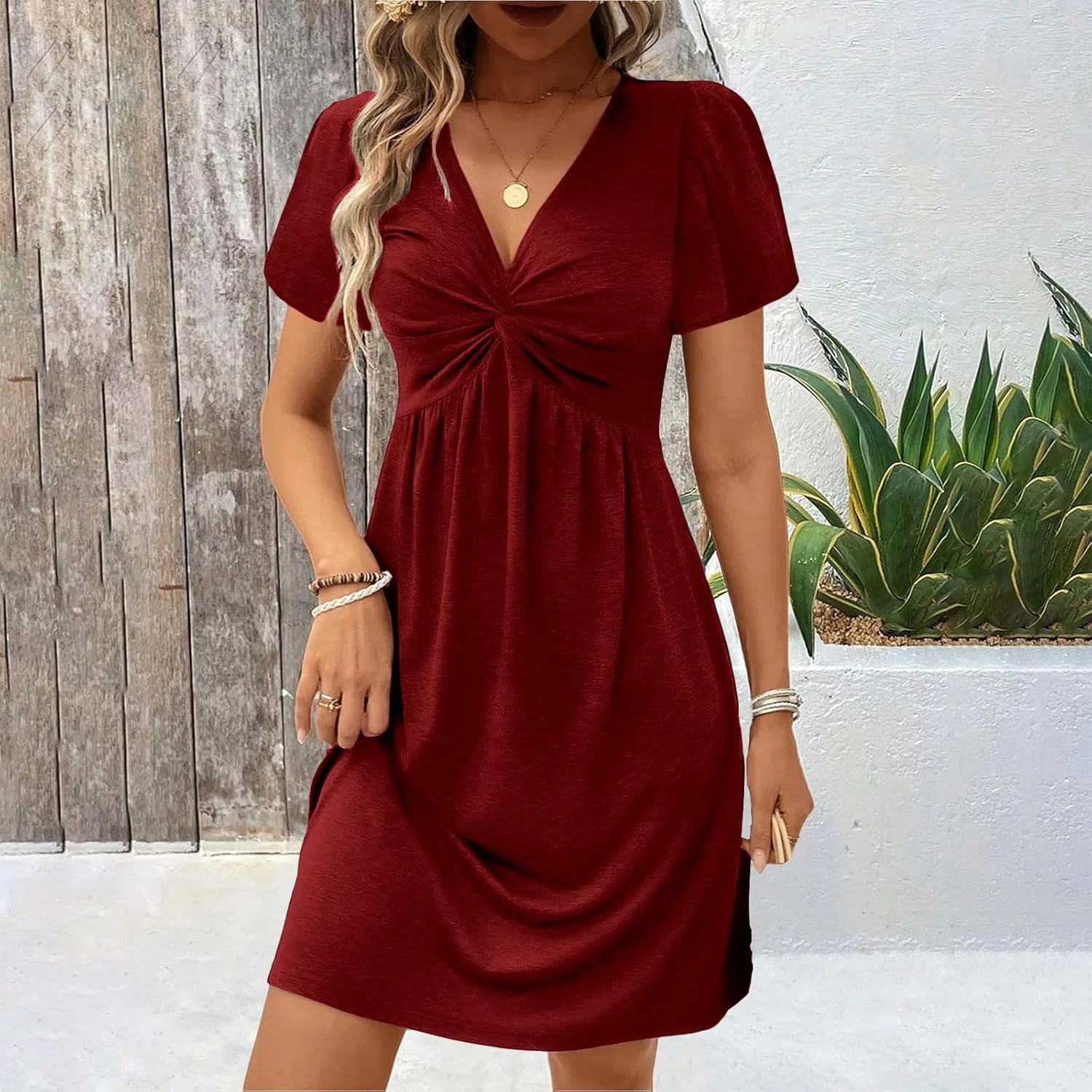 Женское летнее платье с twist front A-line V-образным вырезом, Red — фото 3
