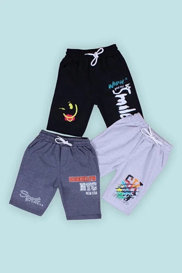 Детские шорты для мальчиков с принтом 3-шт Smile-Brooklyn NYC-Sk Panios Kids, Black-Mudged Gray