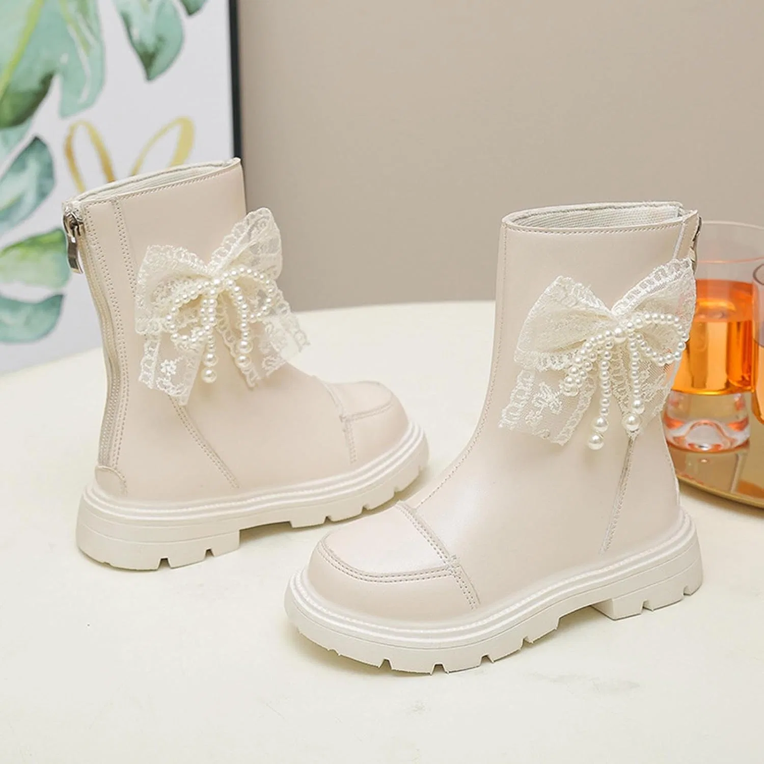 Детские сапоги для девочек с бантом и жемчугом Mid Calf Riding Boots Zzalalana, White — фото 2