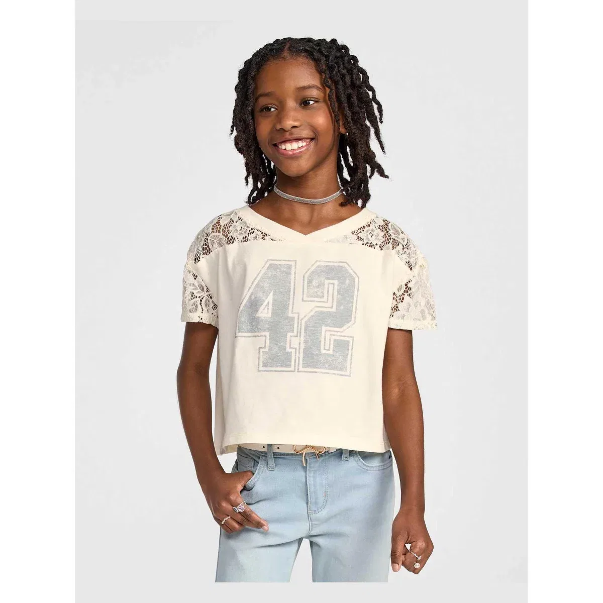 Детская футболка для девочек с кружевными рукавами Varsity Lace Football Tee The Children's Place, Cream