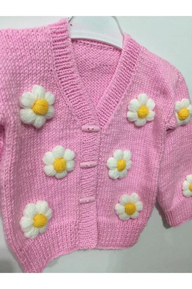 Детский кардиган для девочек с цветочным принтом Hand knitted candy pink floral baby cardigan Güneş Kids, Pink — фото 2