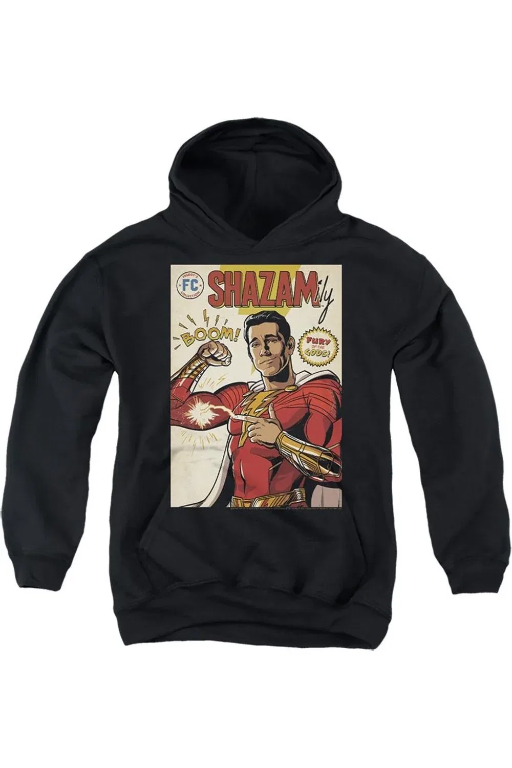 Детское худи с капюшоном с принтом Shazam! Fury Of The Gods Shazam Comic Cover Gildan, черный