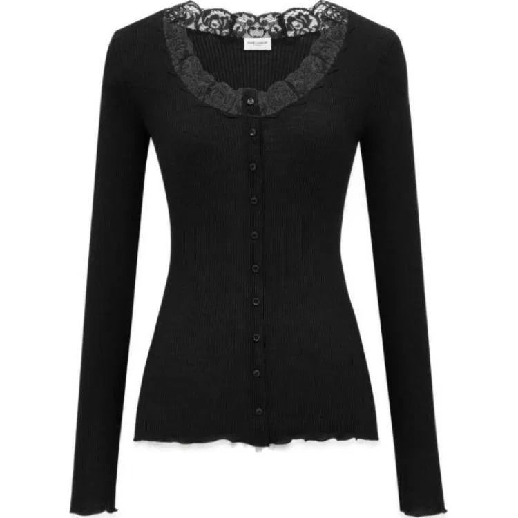 Женский кардиган на пуговицах с кружевными вставками SAINT LAURENT, Черный