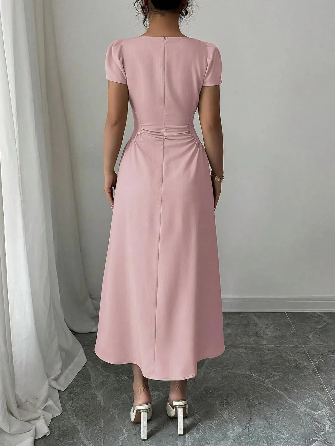 Женское элегантное платье A-силуэта с коротким рукавом, Pink — фото 2