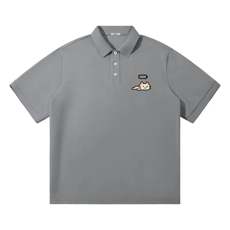 Детская футболка поло с принтом MINISO, [Premium Texture]Light Gray (Tired Orange Cat Chest Logo)