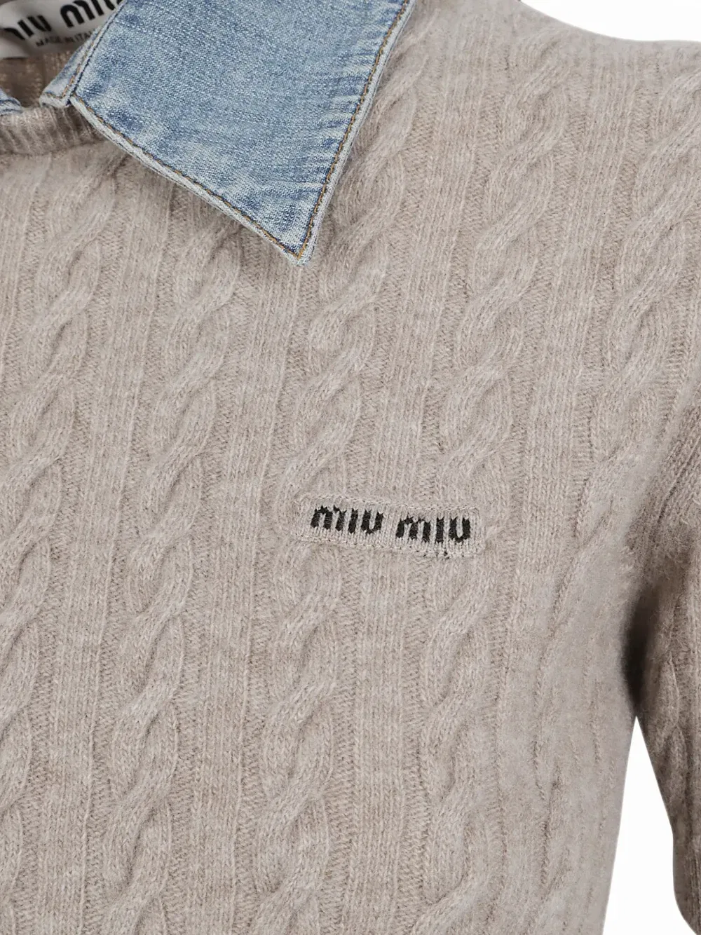 Вязаный топ с джинсовым воротником Miu Miu, бежевый — фото 3