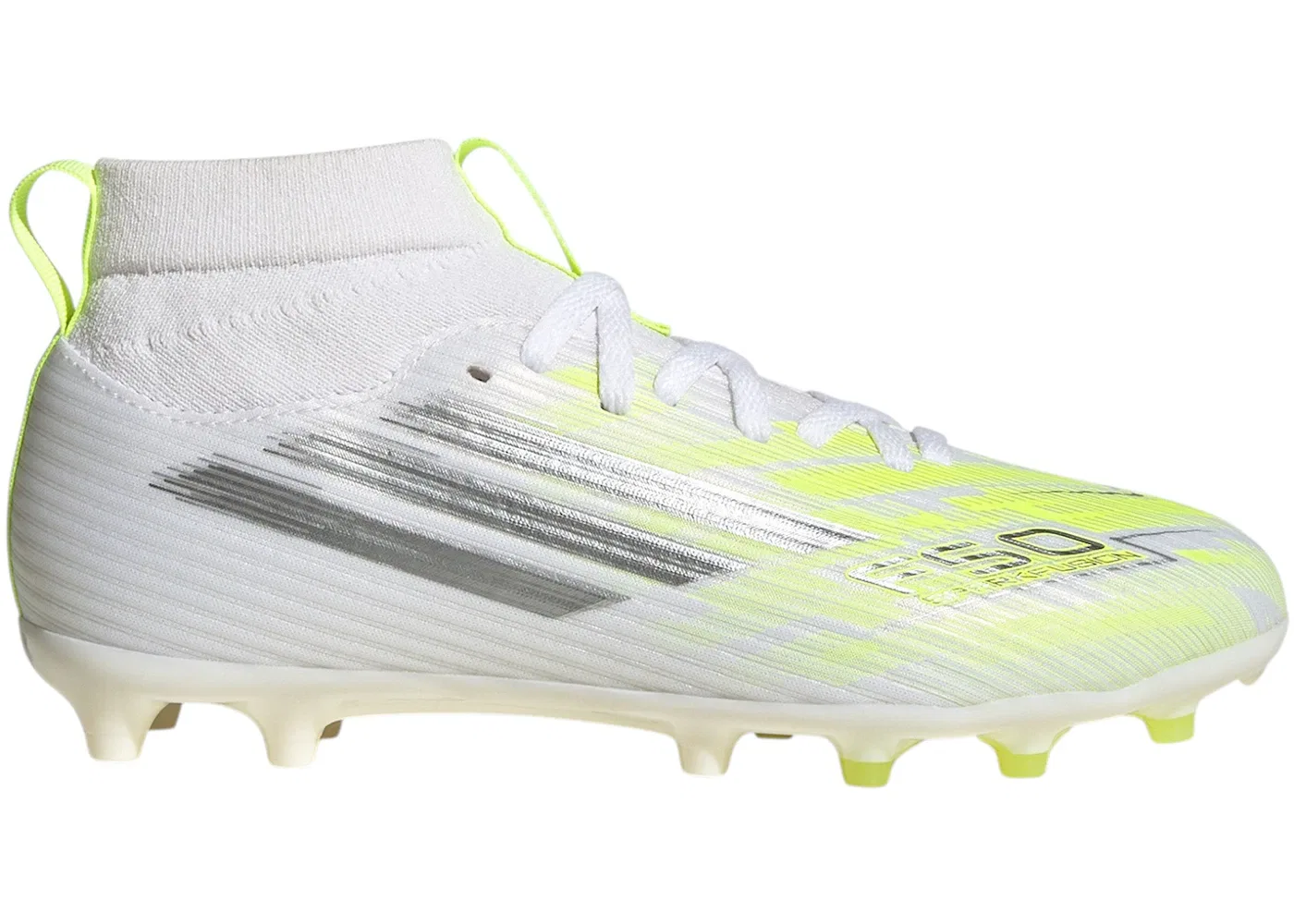 Детские бутсы с высоким берцем Adidas F50 Sparkfusion League Mid Cut FG/AG, Cloud White/Iron Metallic/Hi-Res Yellow