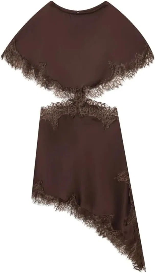 Женское асимметричное мини-платье с кружевом Batwing Sleeve O-Neck, Brown