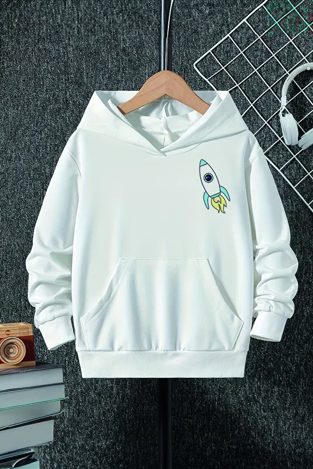 Детское худи для девочек с принтом Oversize hooded children's sweatshirt with fleece inside and printed back with space text and rocket print 22452 Myada, White — фото 2