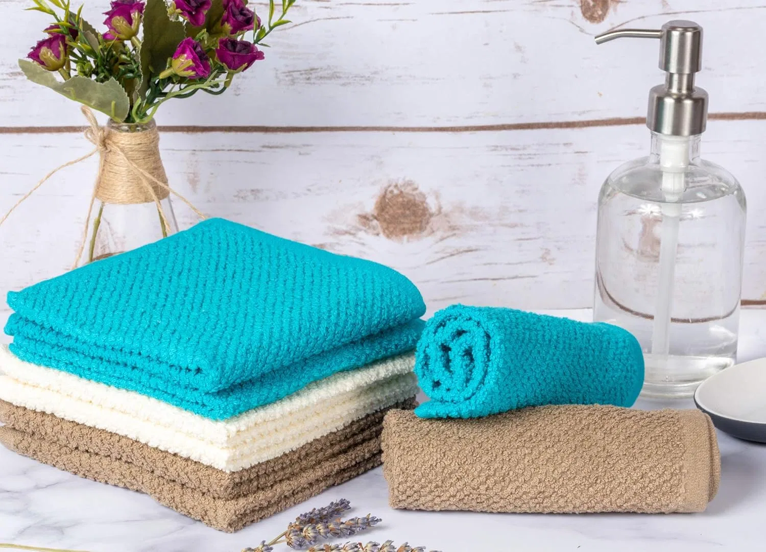 Набор мочалок Popcorn Fabric Wash Cloths Living Fashions, 24 шт, 12x12 дюймов, Teal, Cream, Taupe — фото 2