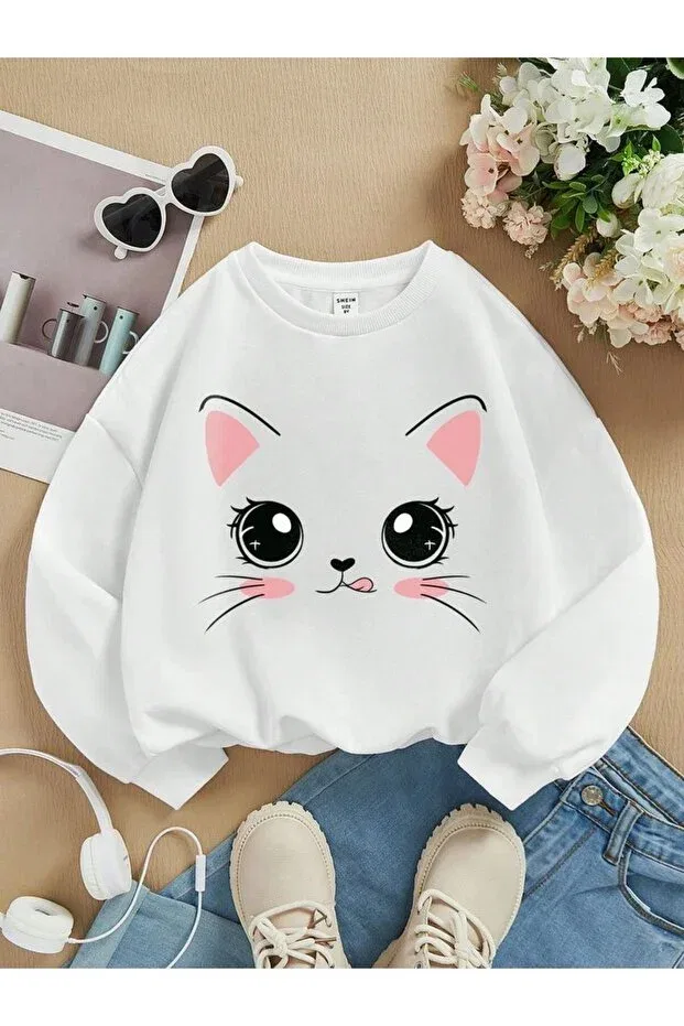 Детские свитшот для девочек с принтом Big Cat, Kids, White