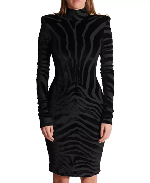 Женское платье с принтом Short Zebra-Print Velvet Dress Balmain, черный