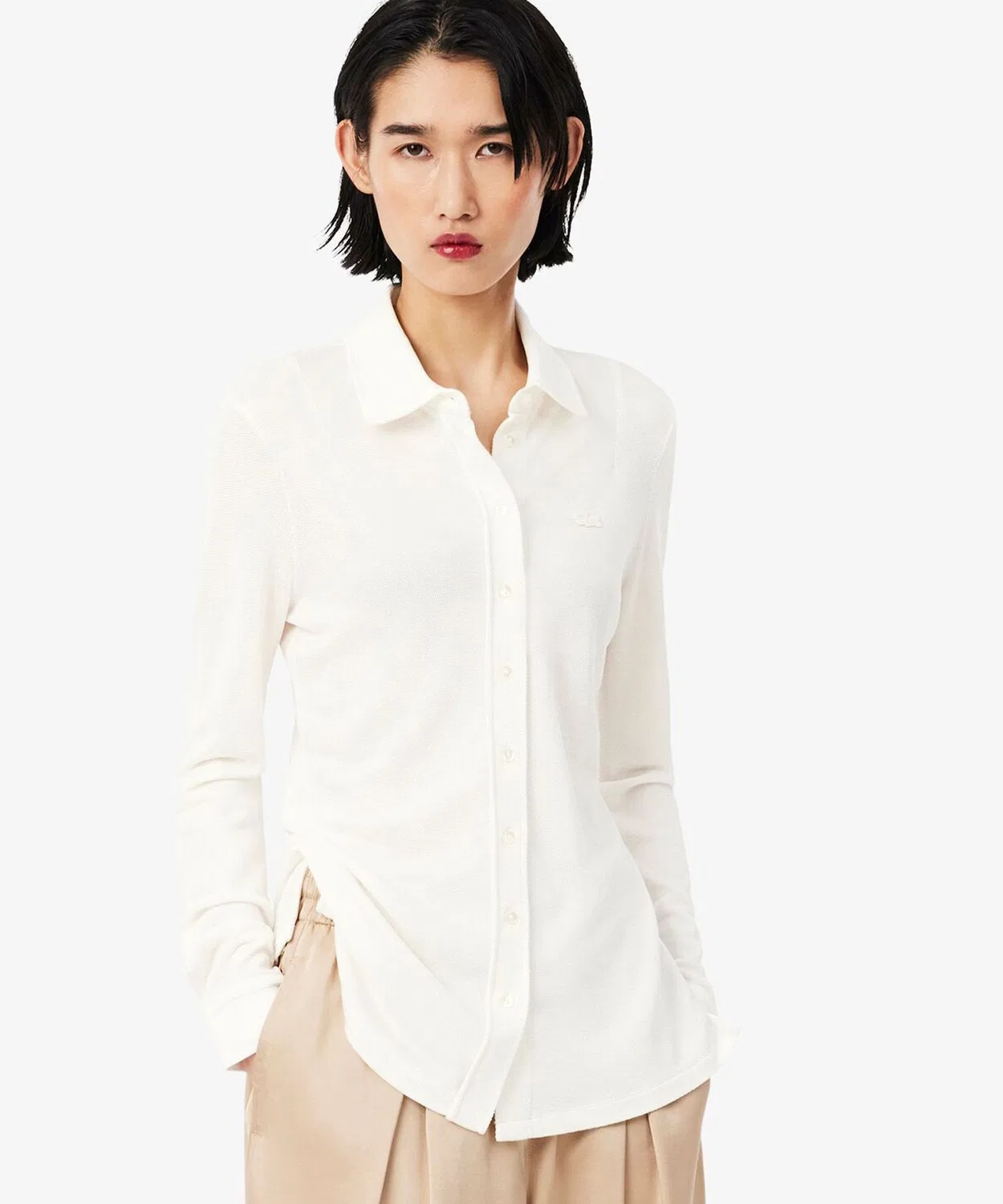 Женская лонгслив-поло из глянцевого пике, Slim Fit LACOSTE, Off White — фото 3