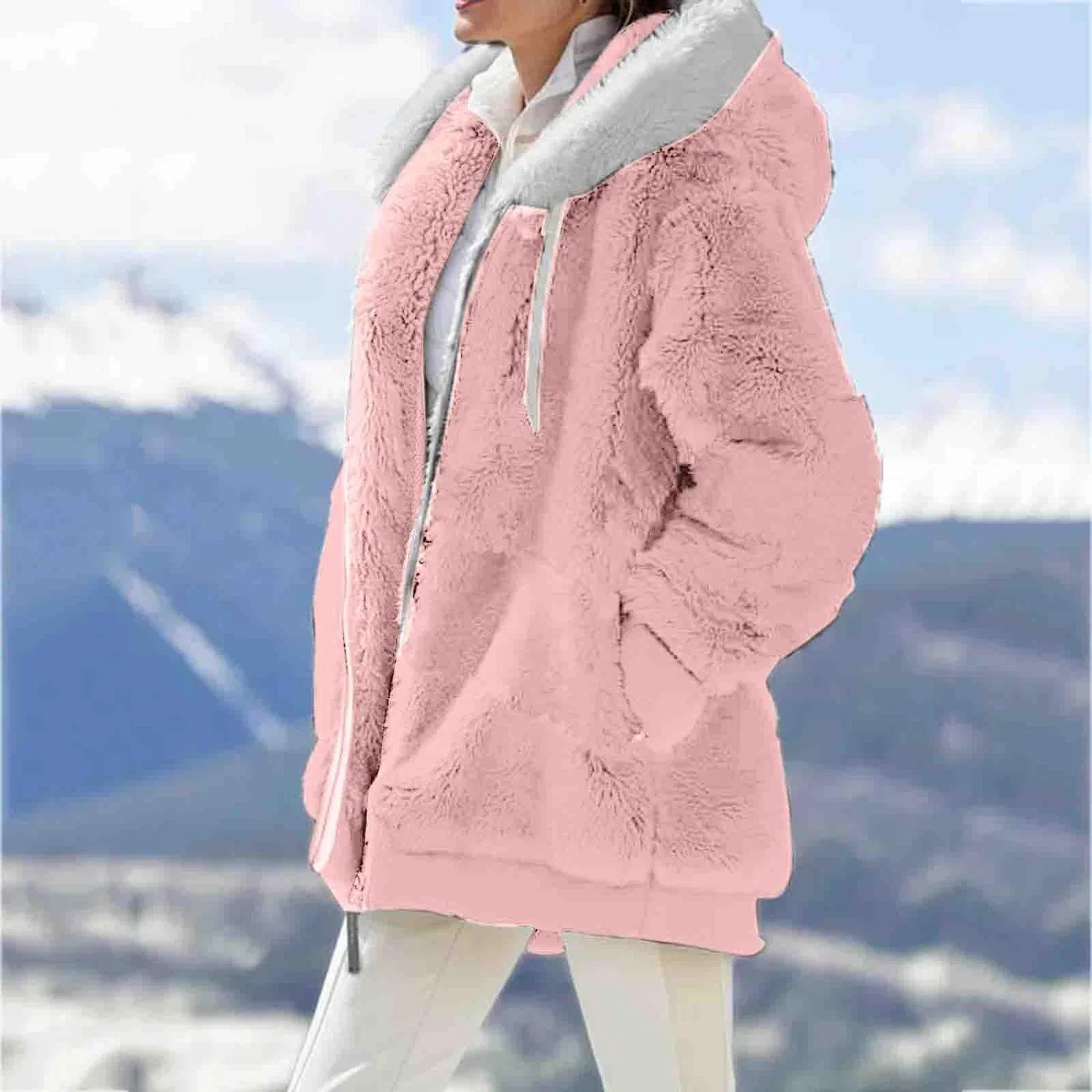 Женское утепленное пальто с флисом и капюшоном, зеленое, Teddy Coats for Women, pink — фото 3