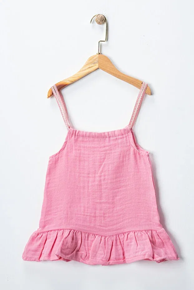Детское платье для девочек хлопковое Muslin fabric girls' dress with one tie-up strap and ruffled skirt Buufuu, Pink — фото 2