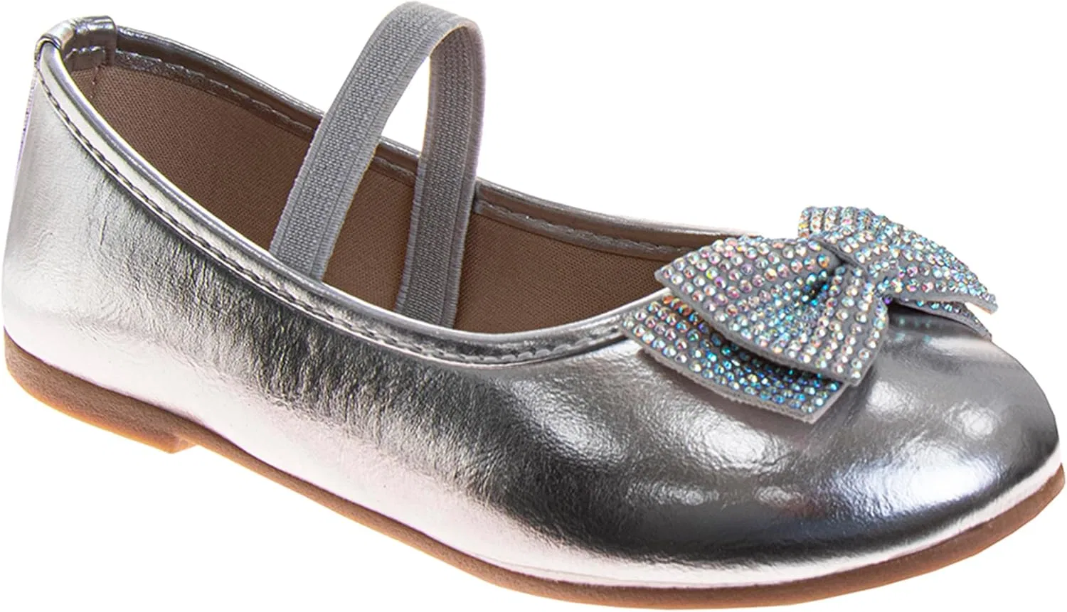 Детские туфли Мэри Джейн с бантом и стразовым ремешком Josmo, Silver Met