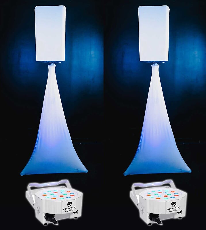 

2 Rockville White 15" PA DJ Speaker Covers+Scrims+Stands+Lights 4 Wedding Church RVSS2 White+(2) RSC158W+(2) RSC7W+Pars